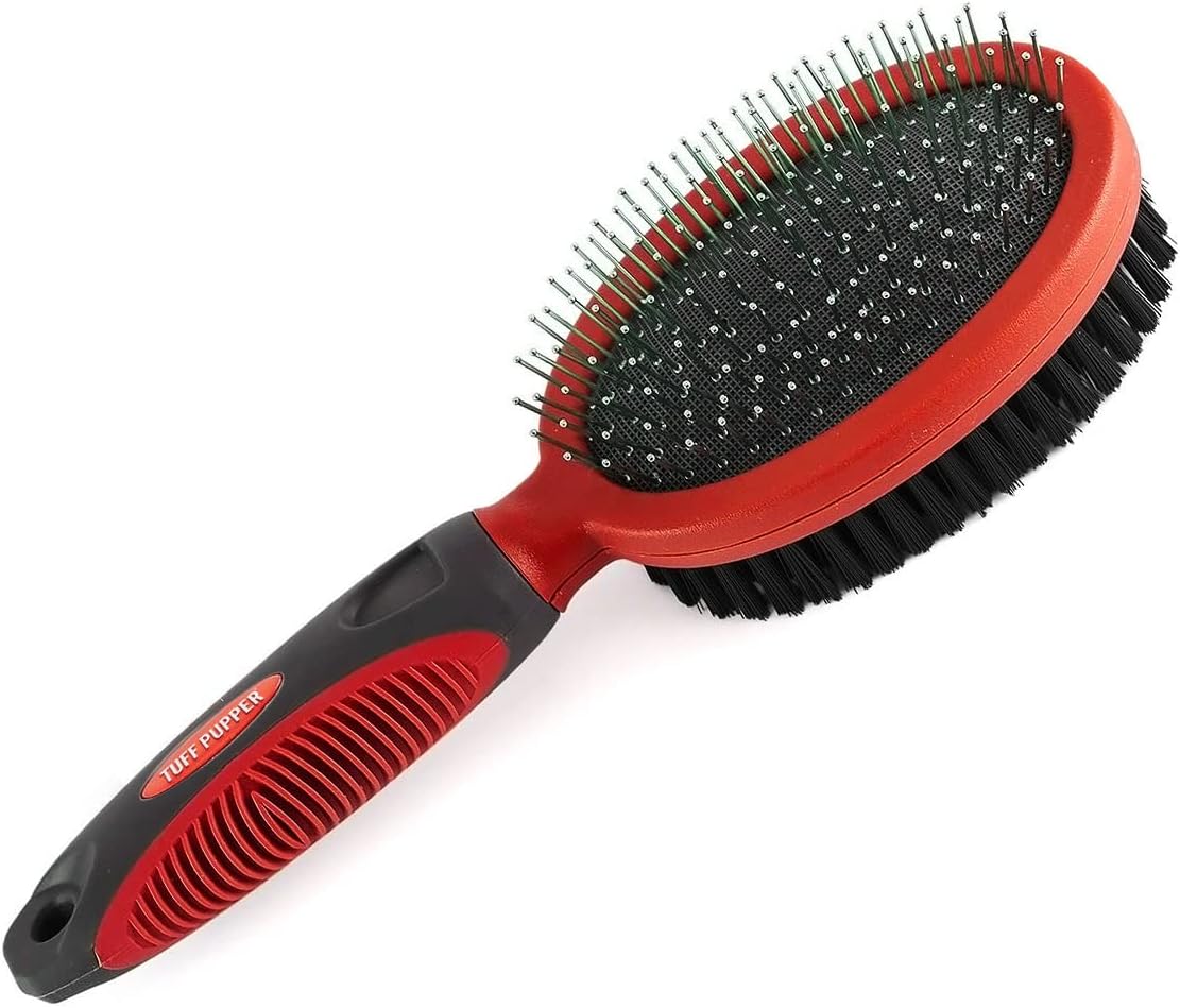 Tuff Pupper Double Sided Dog Brush, Detangling Tool for Dogs and Cats, Pin & Bristle Pet Brush, for and Hair Types, With Comfort-Grip Anti-Slip Handle, Brown, Black, White