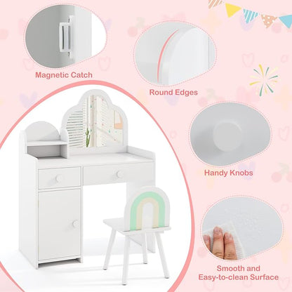 HONEY JOY Kids Vanity, Cloud Shape Wooden Girls Vanity Set with Mirror and Stool, Drawers, Storage Cabinet, Toddler Makeup Desk Dressing Table, Pretend Play Kids Vanity Table and Chair Set (White)