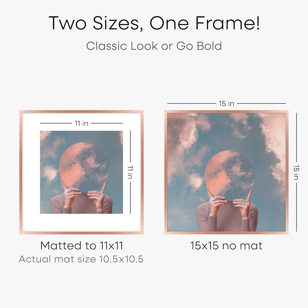 Homeforia 15x15 Picture Frame Rose Gold, High End Metal 15 x 15 Square Poster Frame with Mat 11 x 11 Photo, 15x15 Frame Matted to 11x11 Print, 15by15 Hanging Frames, Tempered Glass, Wall Kit, Set of 1