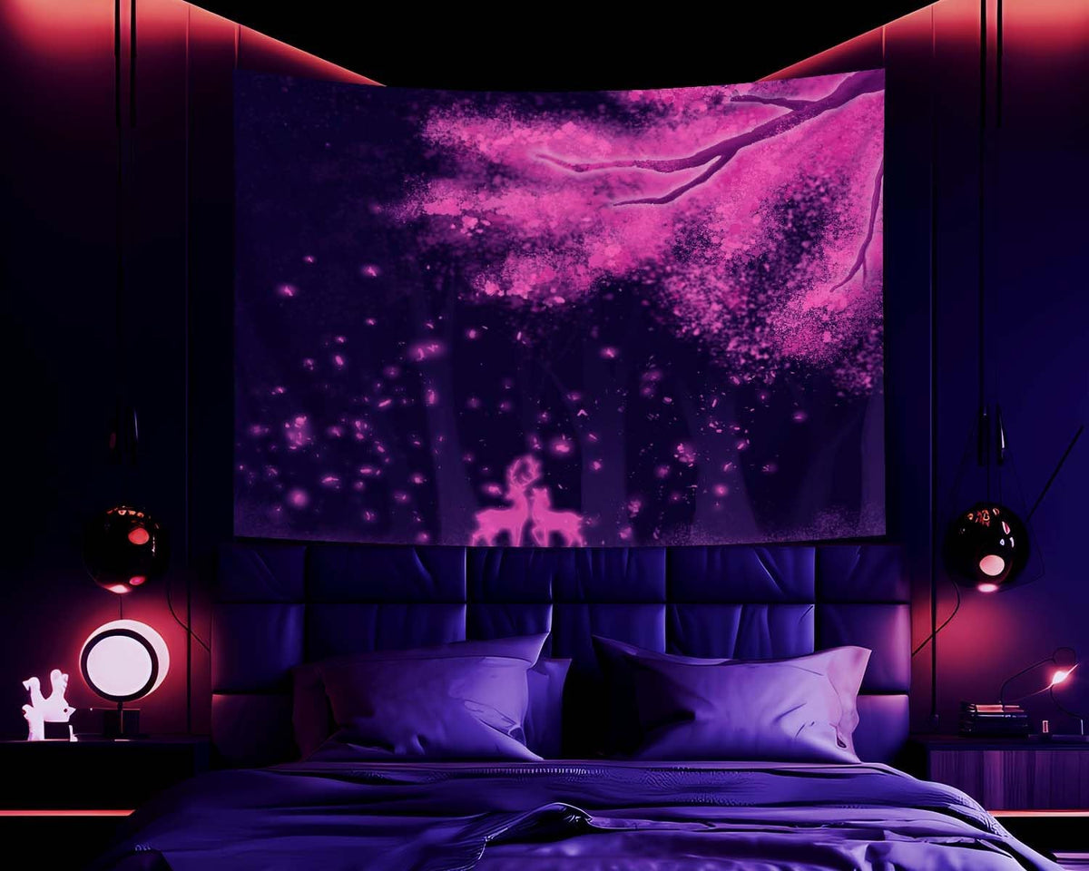 dueeia Blacklight Cherry Blossom Tapestry Wall Hanging Glow in the Dark Uv Nature Tapestries for Bedroom Aesthetic Living Room Wall Decor(90.6"x70.9")