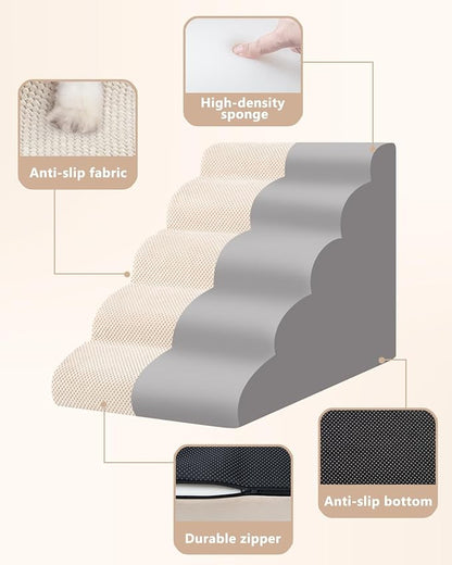 Dog Stairs for High Bed,5 Step Dog Ramp for Small and Medium Dogs,Pet Stairs with Non-Slip Bottom for Puppy, Older Cat,Indoor Pet Steps,Comfort,Durable,22.4" H,Beige