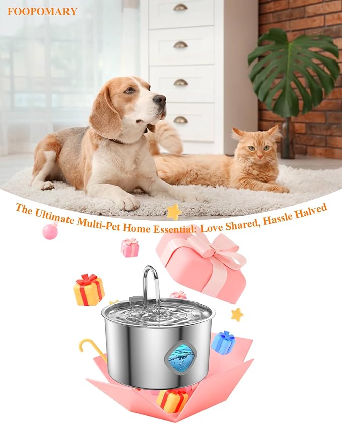 Cat Water Fountain Stainless Steel, 3.2L/108oz Automatic Pet Drinking Dispenser with Faucet & Flower Mode, Electric Metal Water Bowl for Indoor Cats S/M Dogs Pets, Quiet Waterer w/ 8 Filters & Sponges
