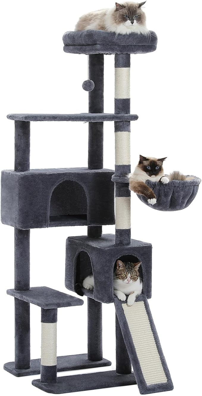 PAWZ Road Cat Tree, 60 Inches Cat Tower with Dual Condos, Spacious Perch, Cozy Basket and Sisal-Covered Scratching Posts for Indoor Cats- Dark Gray