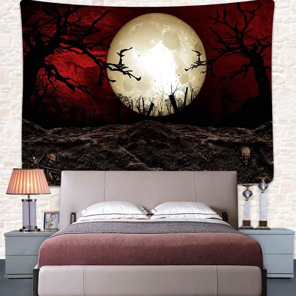 SHRAPHY Full Moon Tapestry Moon Horror Cemetery Scarlet Sky Tapestry Event Bedroom Home Decor 80X60 Inches GTLSUH123