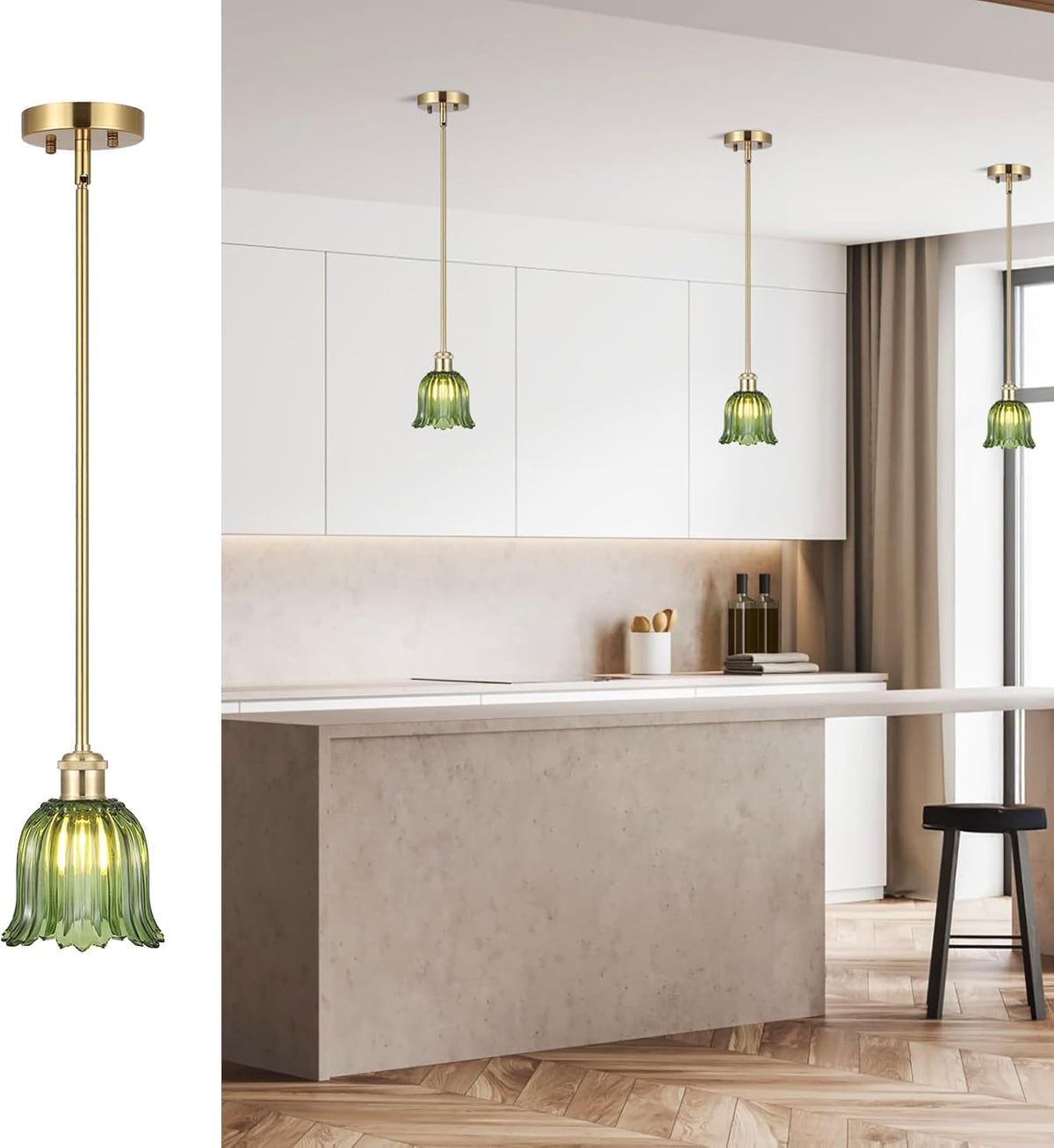 Modern Gold Pendant Light Brushed Brass Mid Century Chandelier Green Glass Shades Adjustable Rods Farmhouse Ceiling Hanging Lighting Fixture Kitchen Island Dining Room Bedroom