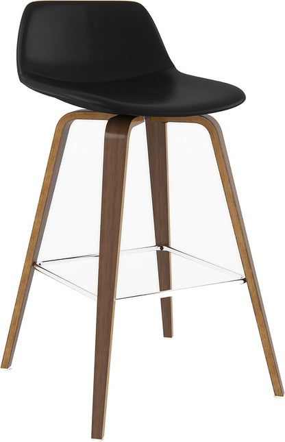 SIMPLIHOME Randolph Counter Stools (Set of 2) - 28 Inch Seat Height Upholstered Bentwood Kitchen Seats in Black Vegan Faux Leather, Mid Century Modern Seating with Curved Backrest and Chrome Footrest