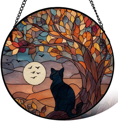 Stained Glass Window Hanging， Black Cat 9.8in Sun Catchers Indoor Window， Core Decor Inside and Outside The Cottage， Gothic Home Decor Gifts for Women， Cute Cat Lover Decor