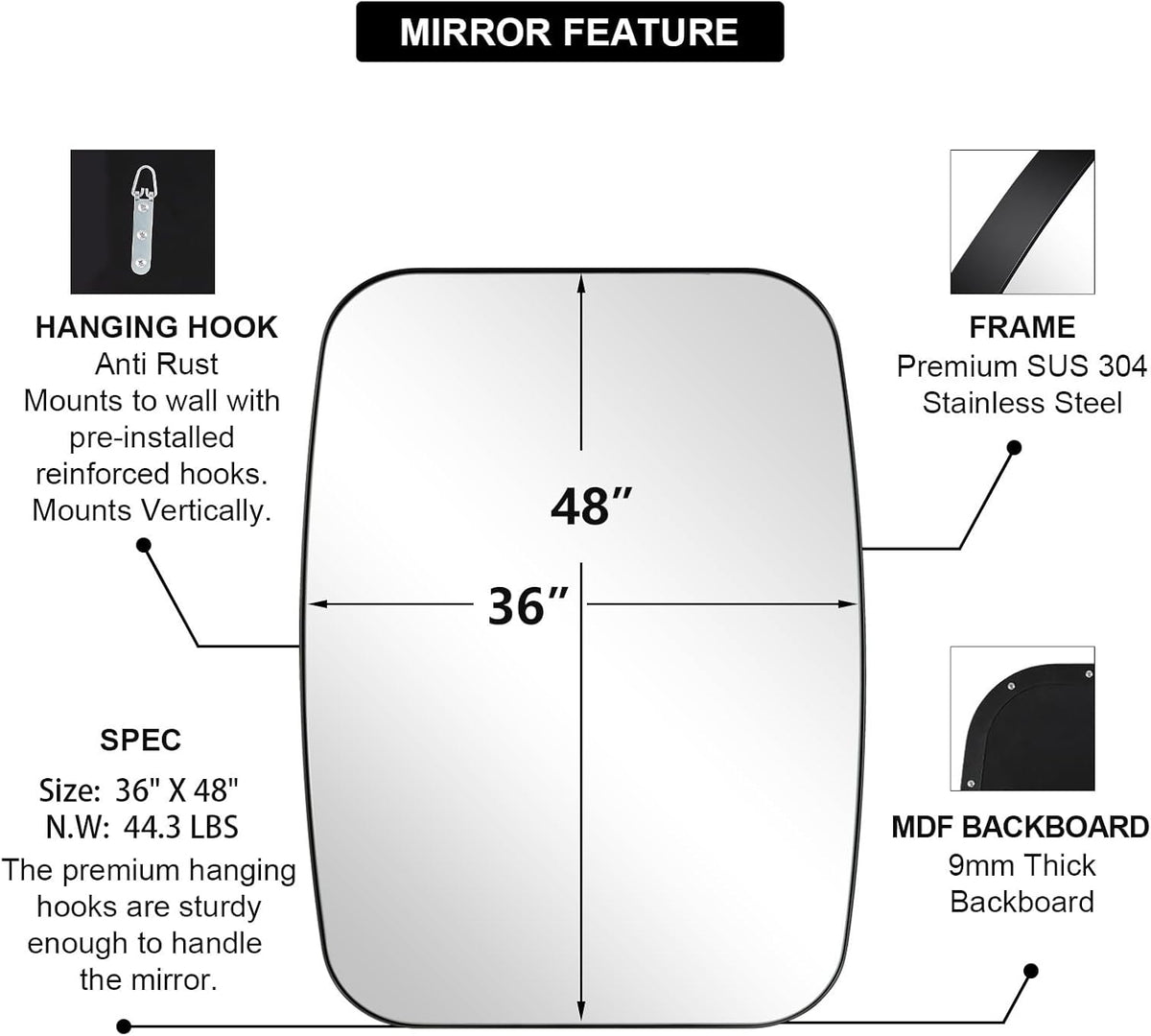 ANDY STAR Black Oblong Mirror, 36x48 Inch Black Oval Mirror for Bathroom with Stainless Steel Metal Frame, Wall Mouned for Bathroom, Living Room, Entryway