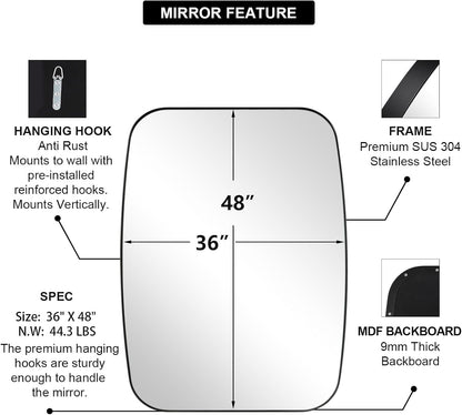 ANDY STAR Black Oblong Mirror, 36x48 Inch Black Oval Mirror for Bathroom with Stainless Steel Metal Frame, Wall Mouned for Bathroom, Living Room, Entryway
