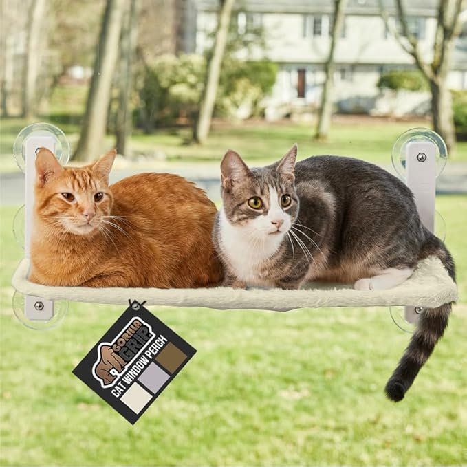 GORILLA GRIP Cat Window Perch, Foldable Cat Window Hammock Bed with 6 Large Suction Cups, Cordless Indoor Wall Shelves, Strong Metal Frame Holds 40lbs, Reversible Washable Sherpa Cover, Large Beige