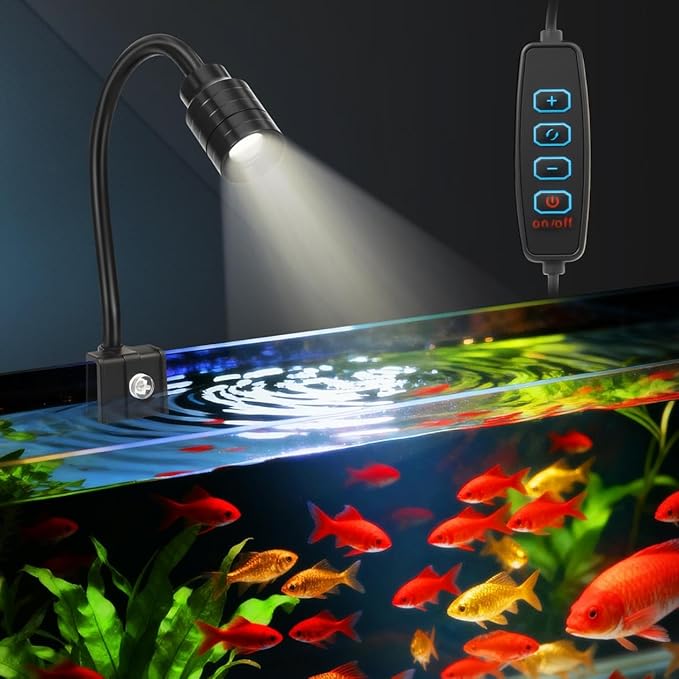 3W Fish Tank Light 3 Color Modes Clip on Aquarium Spotlight with Adjustable Focus Aquarium Focus Light with 10 Brightness Levels