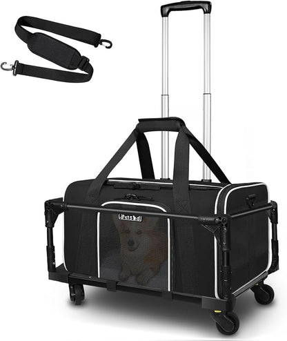 Small Pet Carrier 18"x11"x11" with Wheels Airline Approved, Black | for Delta/American/United Airlines, Lockable Safety Zippers and Anti-Scratch Mesh, Pets Under 10 lbs