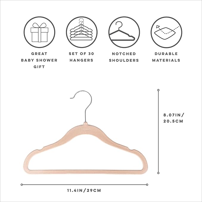 3 Sprouts Velvet Baby Hangers - Non-Slip Hanger for Infant, Toddler, Baby Clothes - Closet Kids Hangers with Slim Design, Nordic Colors, Pack of 30 - Hazelnut