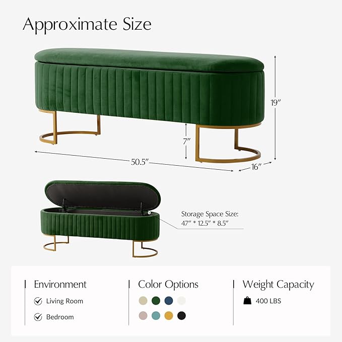 EcoHarbor Living 50.5" Velvet Bedroom Storage Bench Ottoman, Upholstered End of Bed Bench with Gold Legs,Entryway Footrest Seat