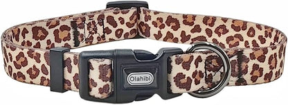 Dog Collar Leash Set, Leopard Pattern, Polyester Material, Adjustable Collar and 5ft Matching Leash, for Small Dogs.(S, Light Coffee Leopard)