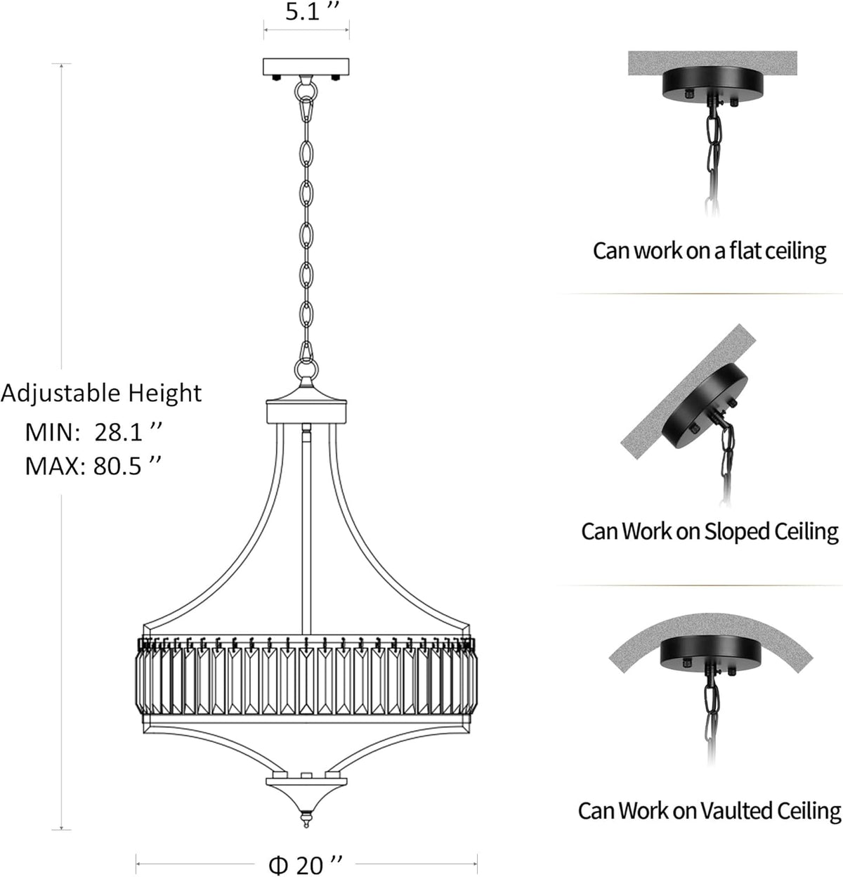 20" Modern Farmhouse Crystal Chandeliers for Dining Room, 5-Light Black Antique Pendant Chandelier, Contemporary Hanging Light Fixture for Living Room Bedroom Foyer Kitchen Island Entryway