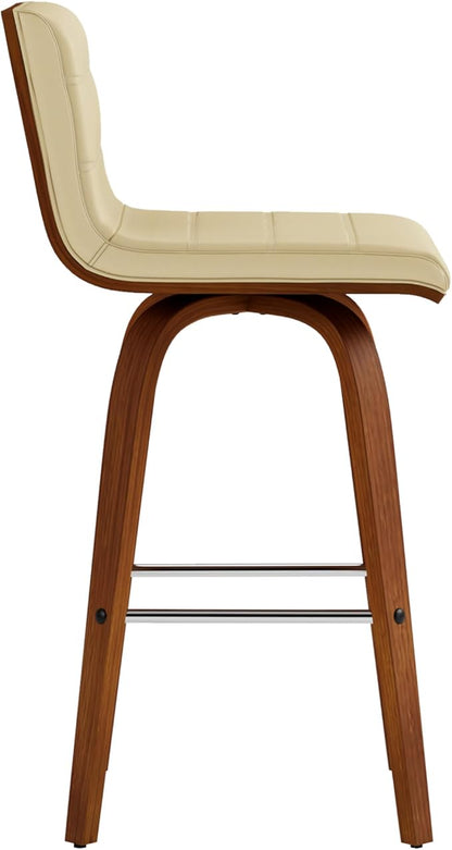 Armen Living Vienna Modern Swivel 26" Counter Height Barstool with Cream Faux Leather and Walnut Wood Finish