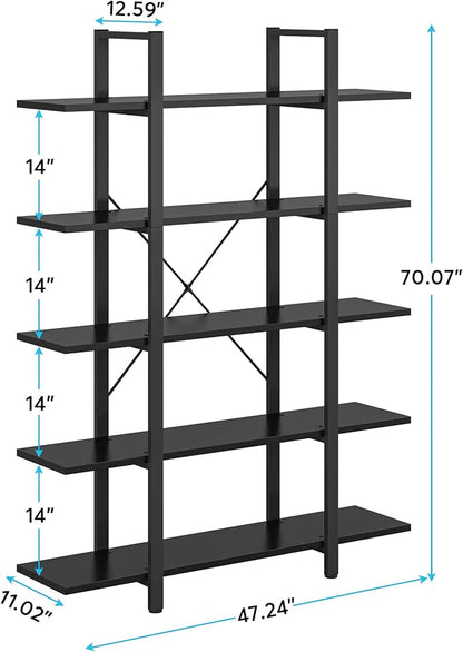 Tribesigns 5-Tier Bookshelf, Vintage Industrial Style Bookcase 72 H x 12 W x 47L Inches, Black