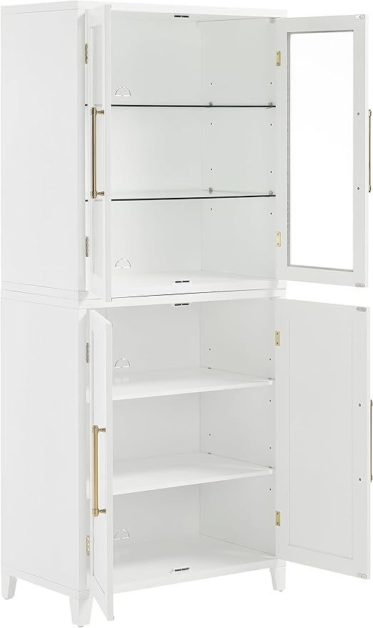 Crosley Furniture Roarke 2-Piece Glass Door China Hutch Kitchen Pantry Storage Cabinet Set, Dining Room, White