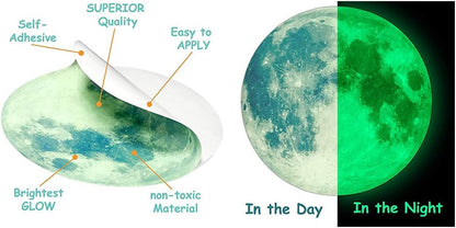 Quanhaigou Glow in The Dark Wall or Ceiling Moon Stickers – Green Luminous Big Moon Wall Stickers DIY Decor for Kid Room