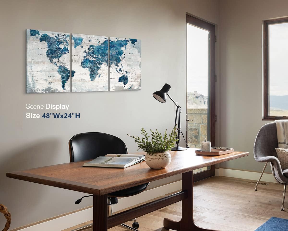 Elixart Wall Art for Living Room Office Wall Decor Pictures for Bedroom World Map Art Large Kitchen Decor 48"X24" Motivational Painting for Dining Room Wall Decorations