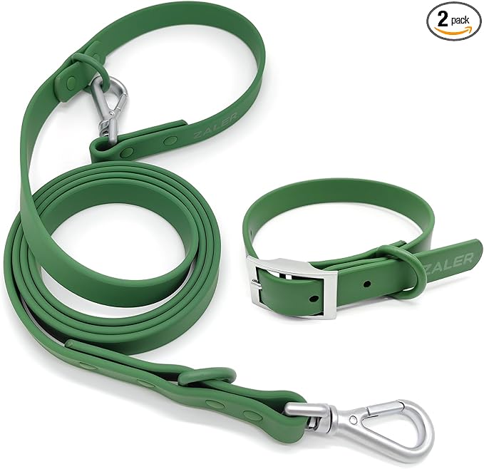ZALER Dog Collar and Leash Set, Waterproof Adjustable Odor Proof Pet Collars Leashes Easy to Clean, 6FT Dog Leash with 2 Hooks for Large, Medium Small Dogs (M, Green)