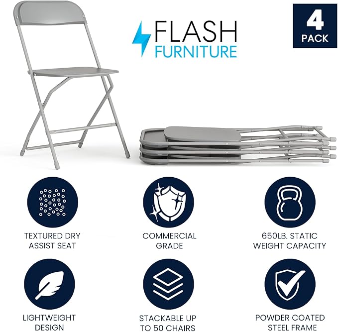 Flash Furniture Hercules Series Plastic Folding Chair - Grey - 4 Pack 650LB Weight Capacity Comfortable Event Chair-Lightweight Folding Chair