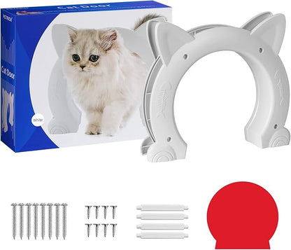 Cat Door Interior Door for Kitties, Pet Door for Hollow Door, Kitty Door, Indoor, Secured Installation in Minutes, No-Flap（White）