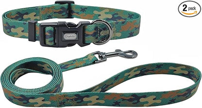 Dog Collar Leash Set, Camouflage Pattern, Polyester Material, Adjustable Collar and 5ft Matching Leash, for Medium Dogs.(M, Green Camo)