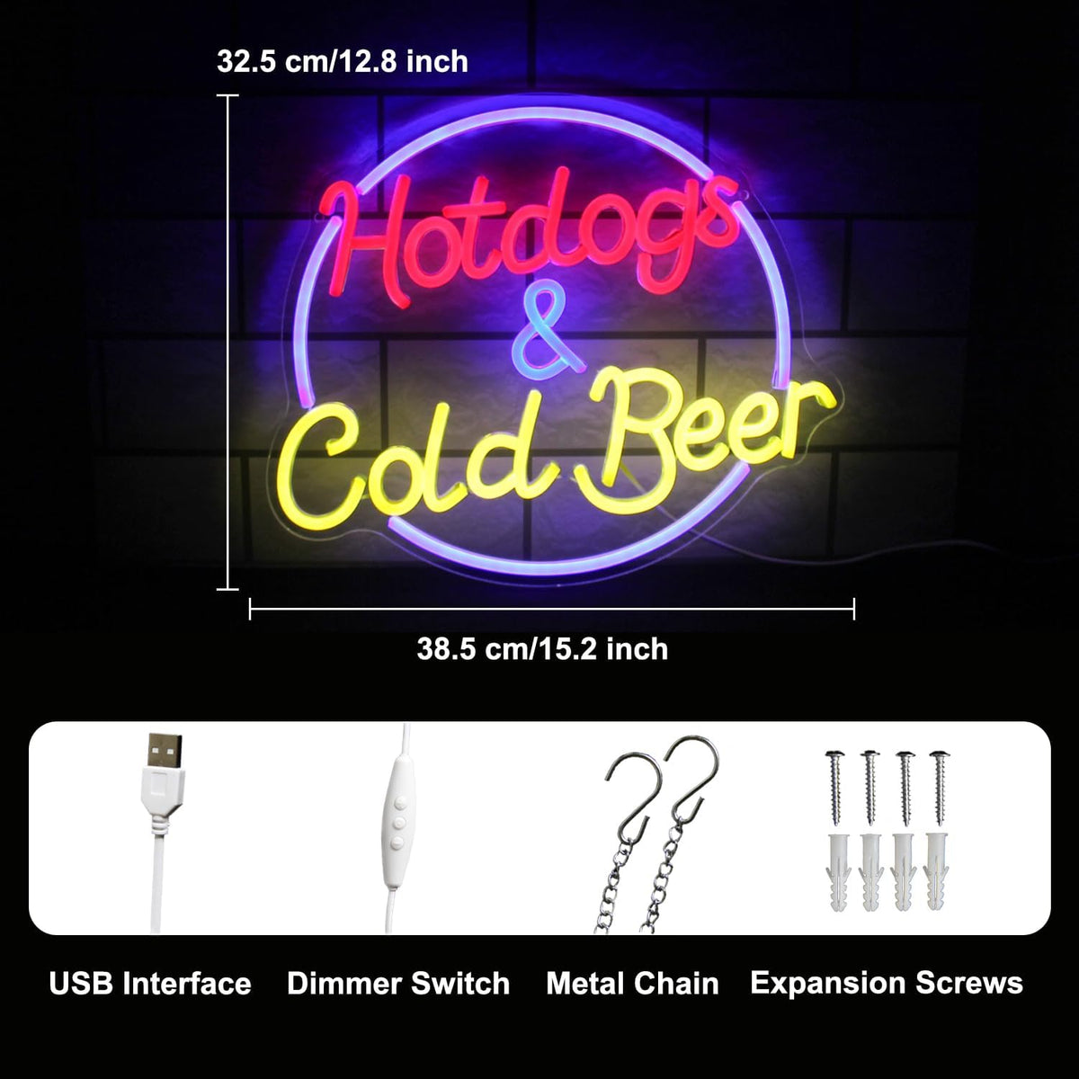 Hot Dogs and Cold Beer Neon Sign for Wall Decor Dimmable Bar Neon Light Sign Colorful LED Neon Signs Beer Neon Light Wall Art LED Sign for Bar Restaurant Shop Food Court Party Decor