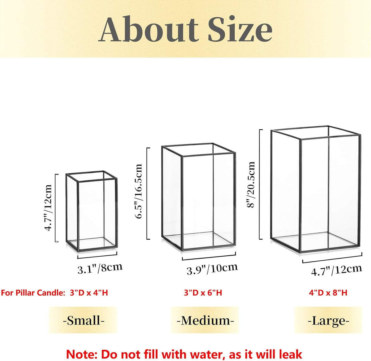 Glass Hurricane Candle Holder Large - Hewory 3pcs Black Rectangle Flower Holders Centerpiece for Table, Tall Floor Square Pillar Candle Lantern for Wedding, Anniversary, Party, Fireplace, Dining Room