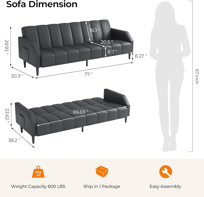 Fadware Faux Leather Couch, Convertible Futon Sofa Bed with Adjustable Backrest, Mid Century Leather Sofa Loveseat with Side Pockets& Metal Leg, Modern Leather Sleeper Sofa for Living Room Bedroom
