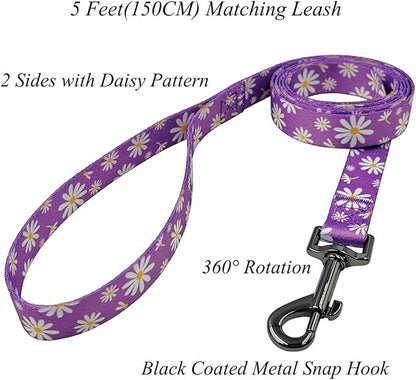 Dog Collar Leash Set, Floral Pattern, Polyester Material, Adjustable Collar and 5ft Matching Leash, for Puppy Dogs.(XS, Purple Daisy)