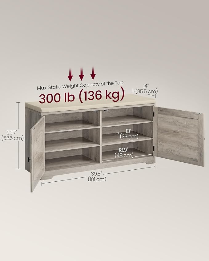 VASAGLE Shoe Storage Bench with Cushion, 3-Tier Entryway Bench with Padded Seat, Doors, Adjustable Shelves, 14 x 39.8 x 20.7 Inches, Hallway, Bedroom, Heather Greige and Cappuccino Beige ULSB044L01