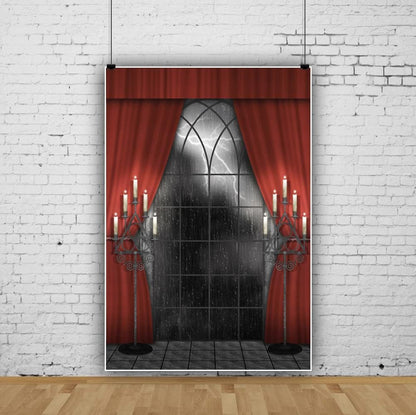 Renaiss 8x12ft Vintage Gothic Window Backdrop Red Curtain Candlestick Black Floor Lightning Stormy Sky Vampire Medieval Castle Photography Background Halloween Dress Up Party Decors Photo Booth Props