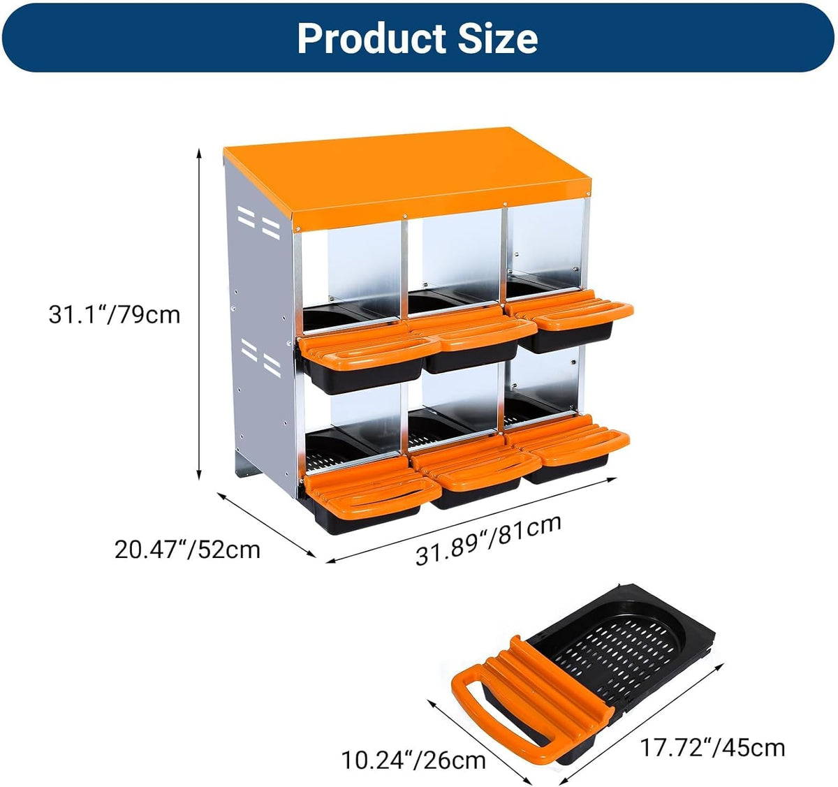 Chicken Nesting Boxes, 6 Hole Metal Chicken Laying Box with with Removable Trays and Roll Out Egg Collection for Chicken Coop, Orange