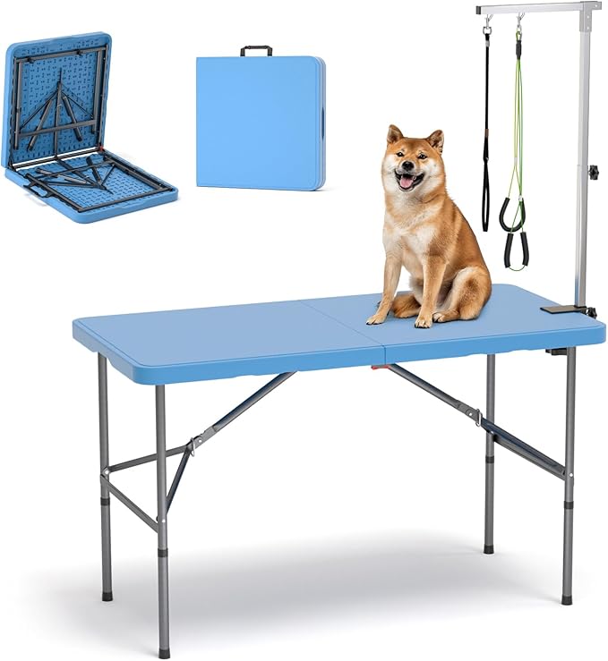 ynhurenth 49'' Pet Grooming Table for Large Dogs, Foldable Professional Grooming Table for Dogs at Home with Double Loops/Adjustable Arm, Capacity up to 330lbs, Blue