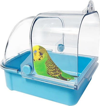 Tfwadmx Bird Cage Bath Hanging Bird Bath Supplies Parrot Bath Tub Water Shower Food Feeder Holder Tray for Small Birds Canary Budgies Cockatiel Lovebirds(Blue)