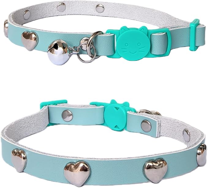 Spiked Cat Collar with Bells, Breakaway Genuine Leather Protective Collar for Kitty, Studs Spikes Punk Style, Heart Pattern, Adjustable for Girl Boy Kittens Small Bunny Rabbit, 8"-9.5" Blue