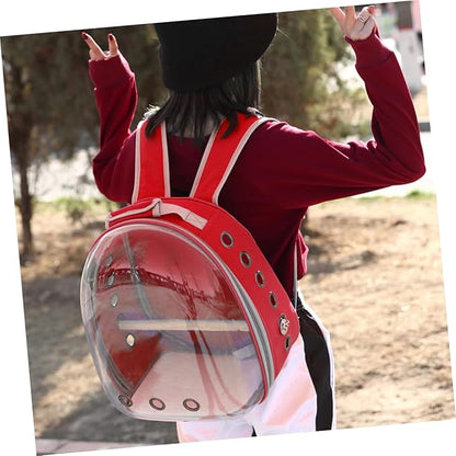 Portable Pet Backpack for Birds Breathable Capsule Carrier Ventilation and Inner Wooden Bar for Outdoor Travel Red Transparent Parrot Bag