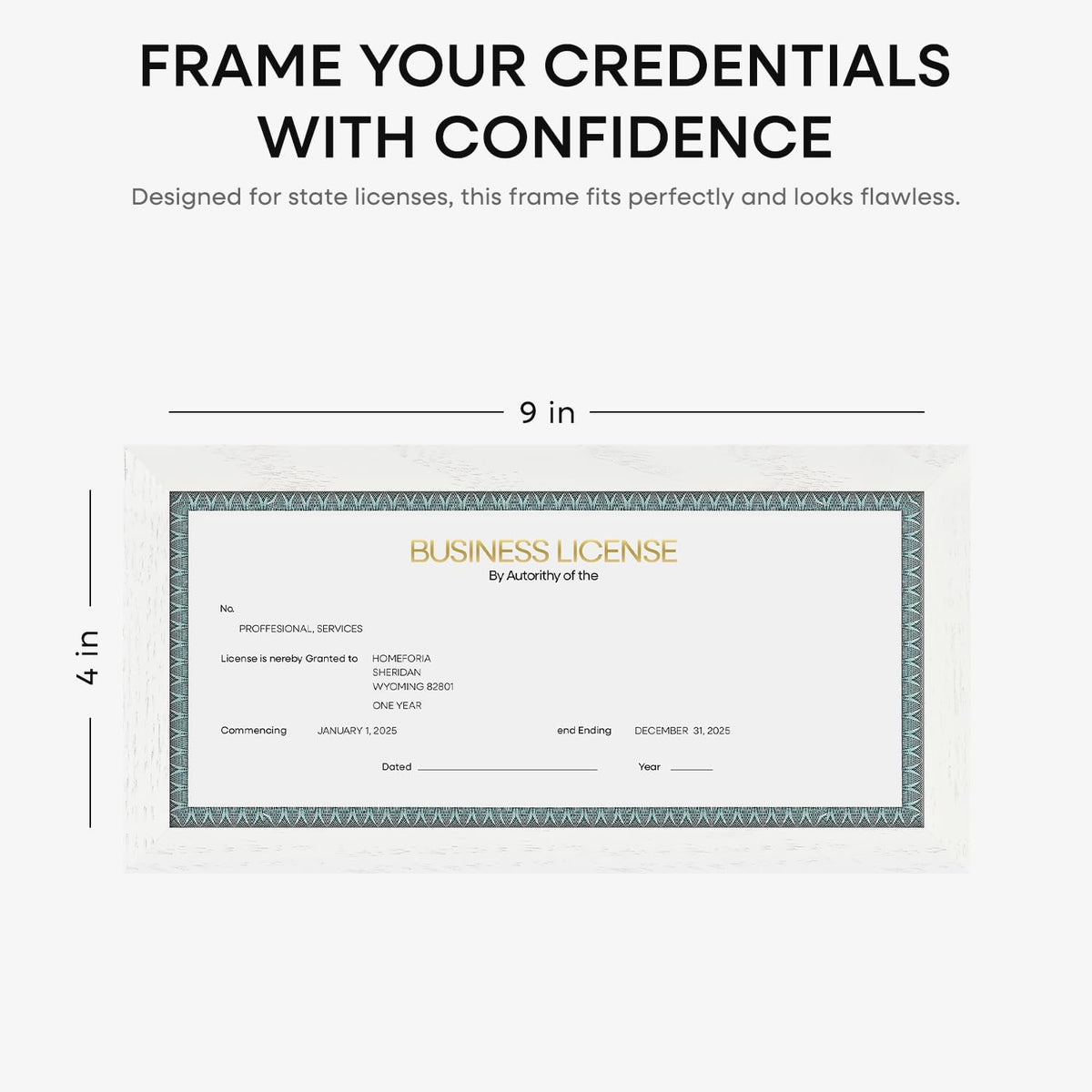Homeforia 4x9 Business License Frame White, High End Oak 4 x 9 White Wood Certificate Frames, 9x4 Wooden Document Frames for Wall or Tabletop, 4 by 9 Picture Frames, Tempered Glass, Wall Kit, Set of 1