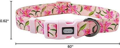 Dog Collar Leash Set, Floral Pattern, Polyester Material, Adjustable Collar and 5ft Matchcing Leash, 5ft Leash, for Small Dogs.(S, Pink Lily)