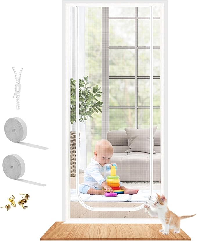 Dixutzi Reinforced Cat Screen Door Fits Door Size 32''x 80'', Heavy Duty Pets Proof Screen Door with Zipper, Prevent Dogs Cats Running Out from Home (White)