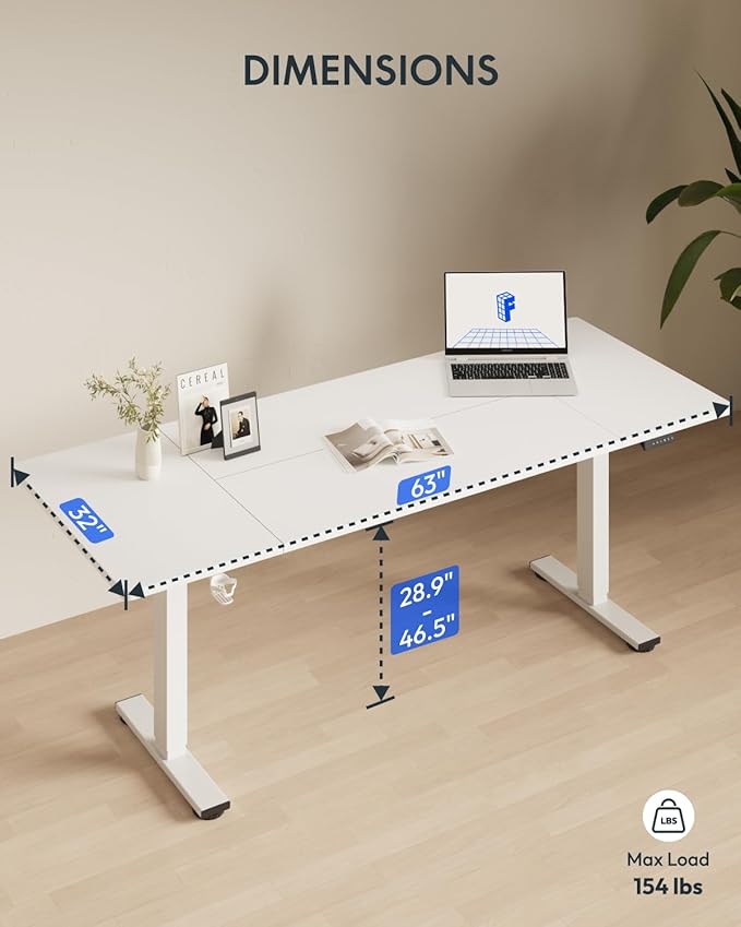 FLEXISPOT 63 x 32 Inch Large Standing Desk, Stand Up Desk with Splice Board, Rising Desks for Home Office, Office Desk with Cup Holder and Headphone Hook (White Frame + White Top, 2 Packages)