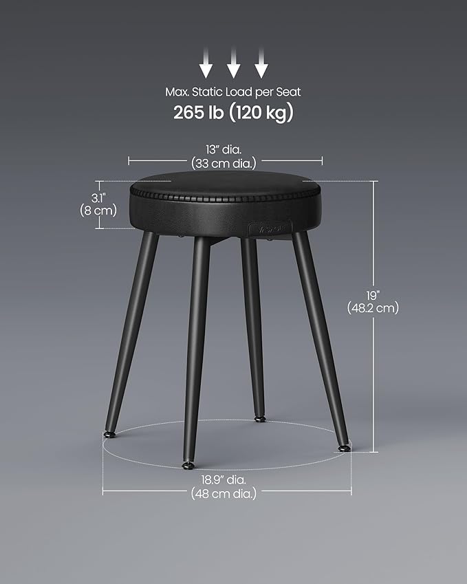 VASAGLE EKHO Collection - Dining Chairs Stools Set of 2, Upholstered Kitchen Chairs, Vanity Stools, Synthetic Leather with Stitching, Mid-Century Modern, 19-Inch Tall, Easy Assembly, Ink Black