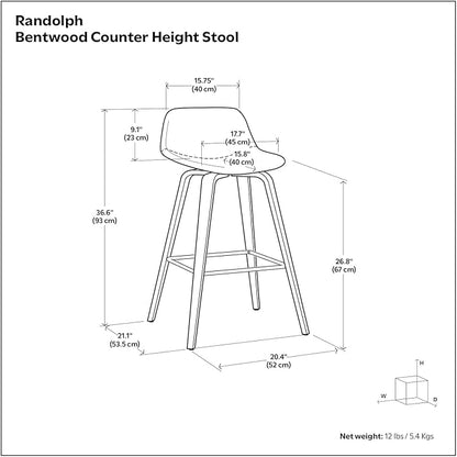 SIMPLIHOME Randolph Counter Stools (Set of 2) - 28 Inch Seat Height Upholstered Bentwood Kitchen Seats in Medium Blue Linen Look Fabric, Mid Century Modern Seating with Curved Backrest and Footrest