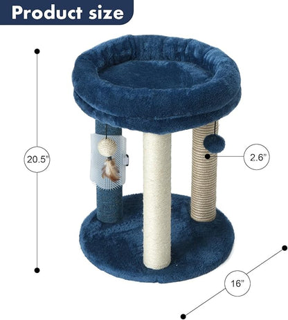 MECOOL Cat Scratching Post Tree with Tower Soft Bed.Natural Quality Sisal Carpet Jute Scratch Posts with Three Hanging Ball Toys and Massage Brush for Indoor Cats and Kittens Blue