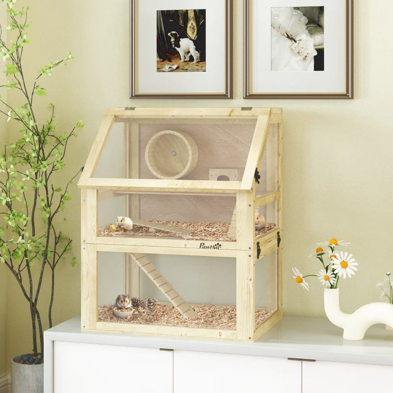 3 Tier Wooden Hamster Cage W Detachable Bottom, Hut, Seesaw, Exercise Wheel, Ramps