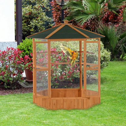 PawHut 69 Wooden Hexagonal Outdoor Aviary Flight Bird Cage With Covered Roof, BrownFor Multiple Packages, Please Pay Attention To The Detailed Dimensions And Weight Of Each Package.