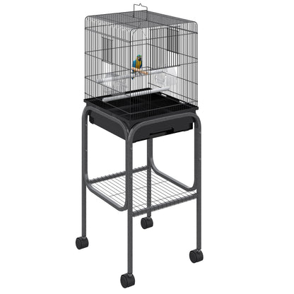 45-inch Metal Indoor Bird Cage, Parrot Cage, Bird Aviary with Detachable Rolling Stand, Storage Basket, and Accessories - Black